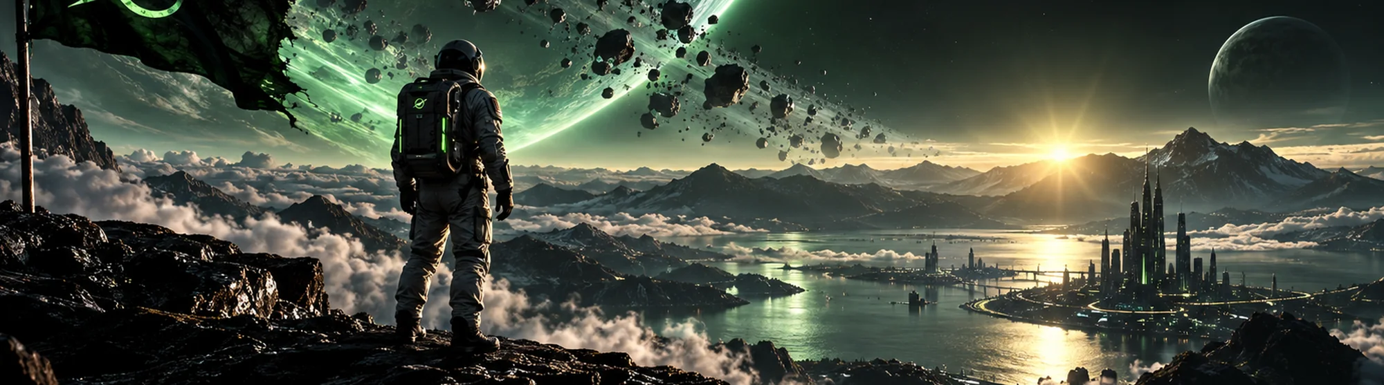 An explorer on a cliff edge beside a flag, looking out over a city at sunrise beneath a ringed planet.