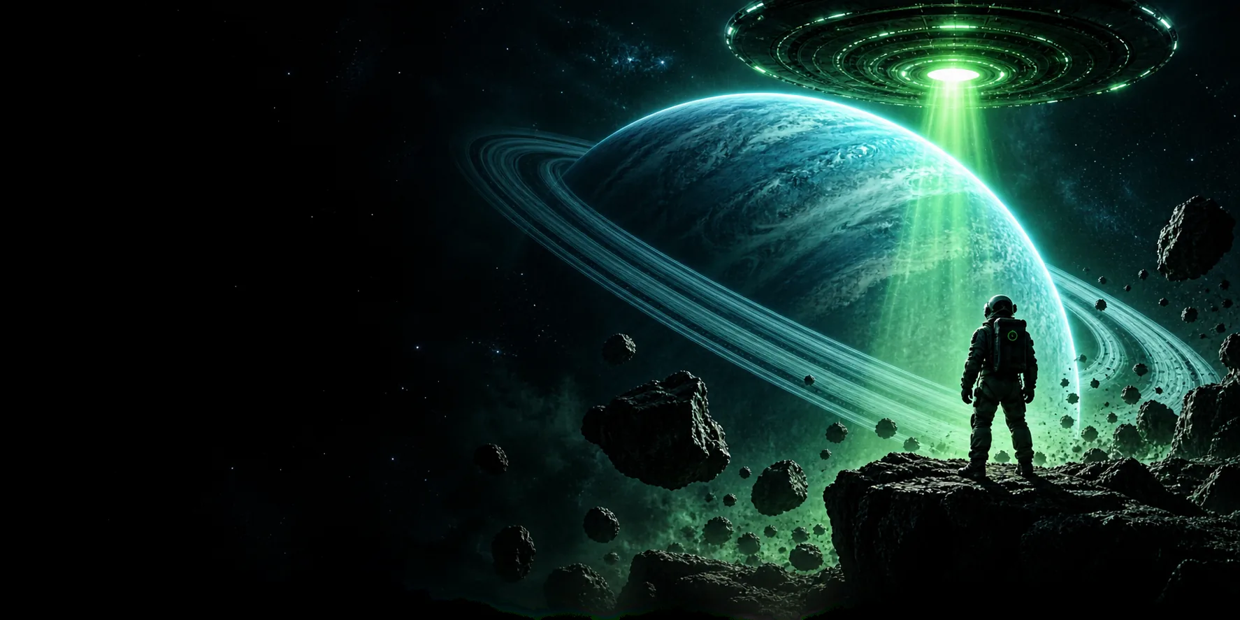 An explorer stands on an asteroid facing Uranus, a craft beaming green light onto the planet.