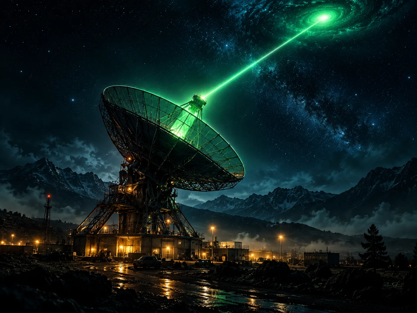 A radio telescope at night receiving a green beam from deep space.