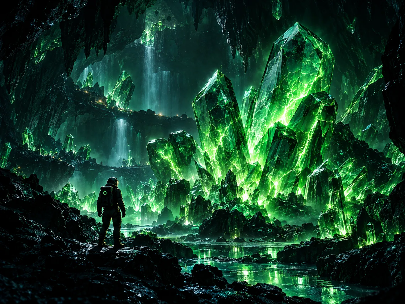An explorer stands before enormous glowing green crystals in an underground cavern.
