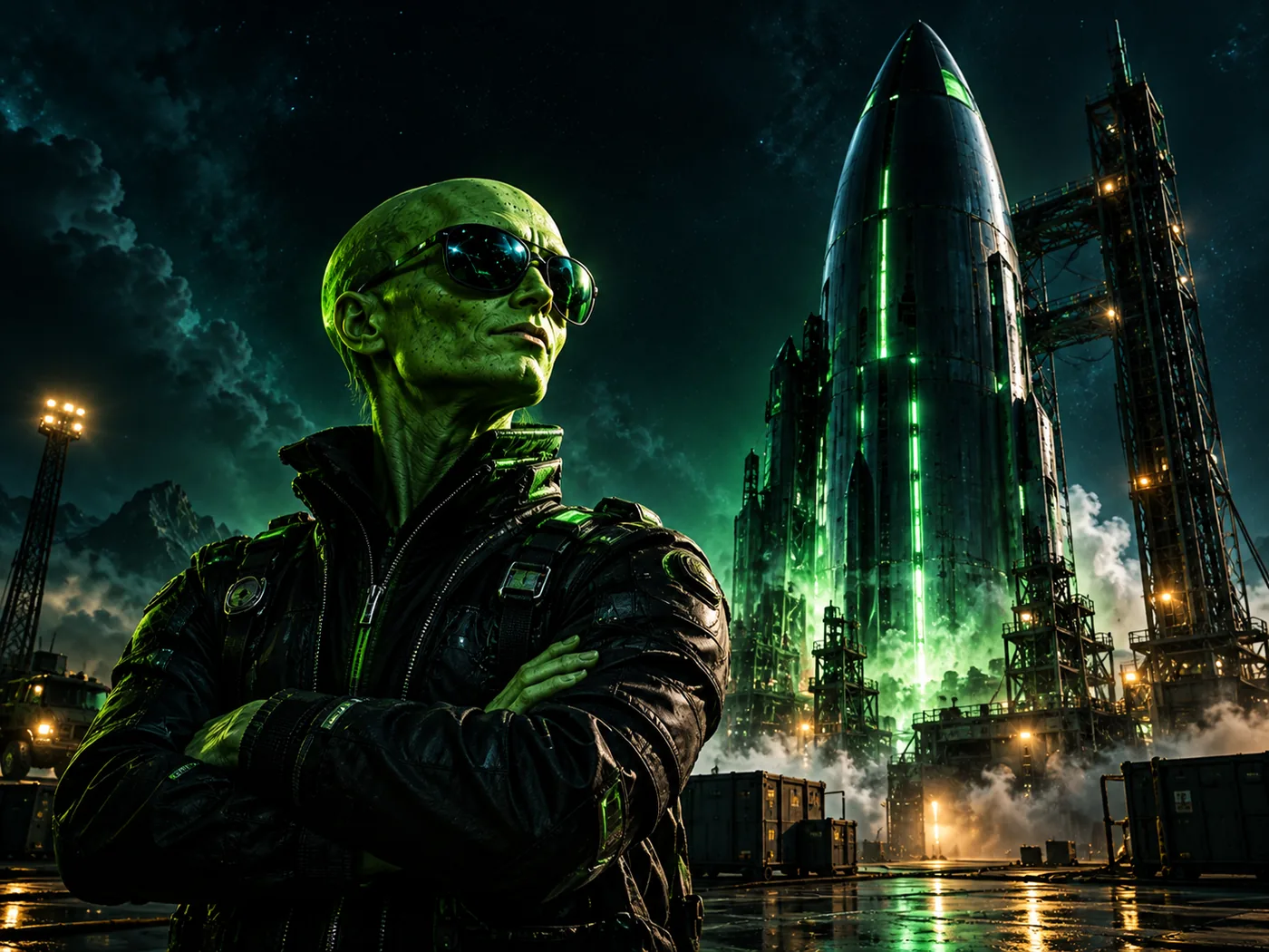 QO, a green alien in a black hauler jacket, stands before a rocket on a night launch pad.