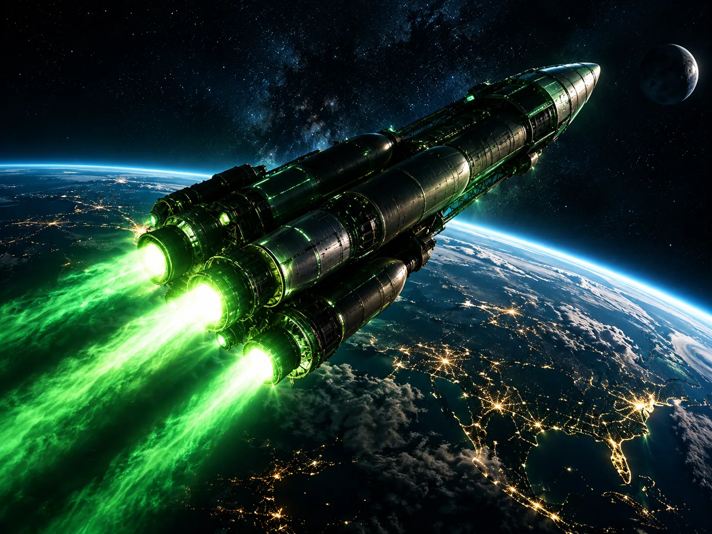 A heavy cargo rocket with green exhaust plumes crossing over Earth at night.