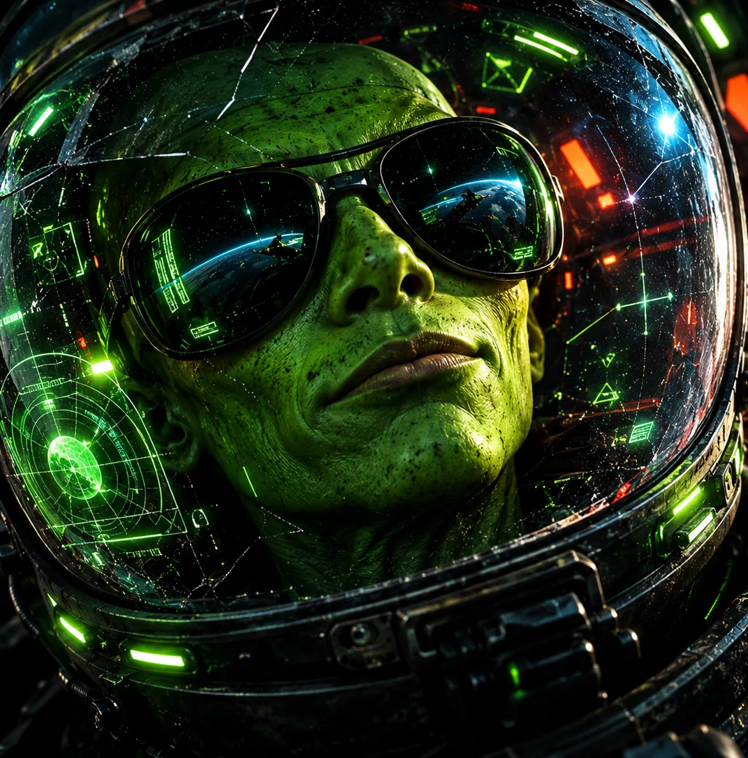 Close-up of QO's face through a cracked helmet visor lit by green instrument readouts.