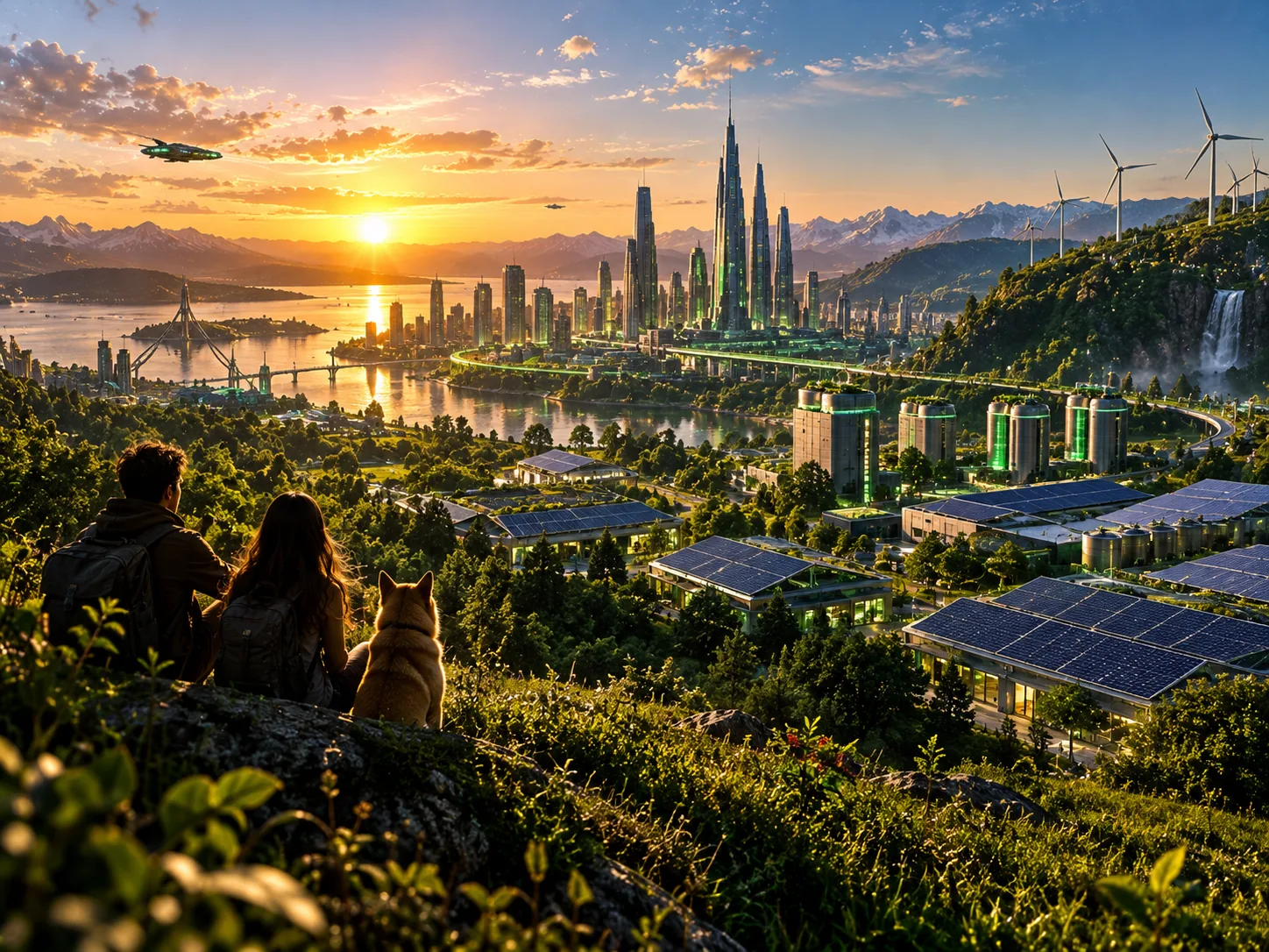 A city at golden sunset with solar arrays on every roof, wind turbines on the ridge and dense green parkland.