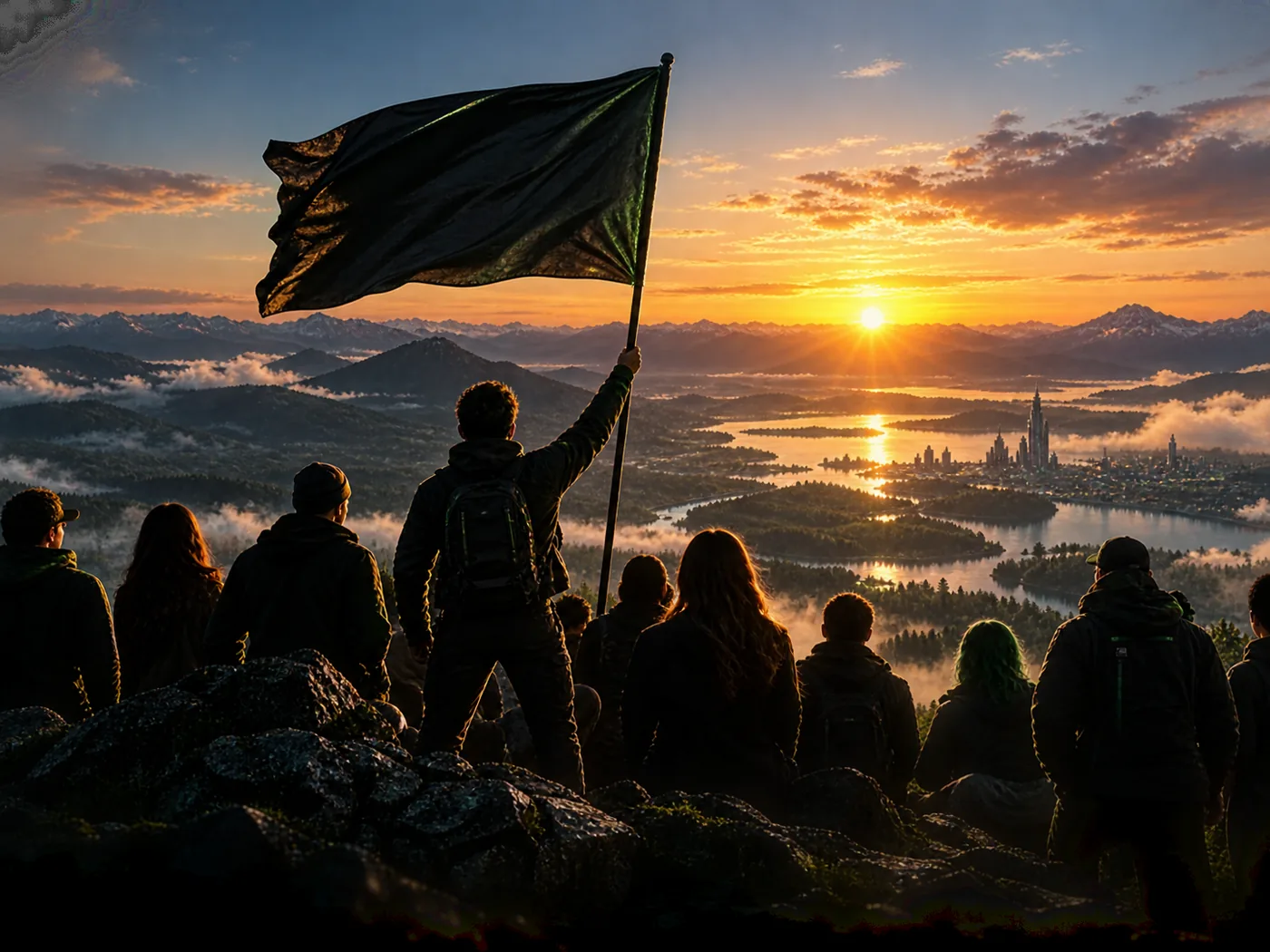 A crowd on a ridge at sunrise, one person raising a dark flag over a valley city.
